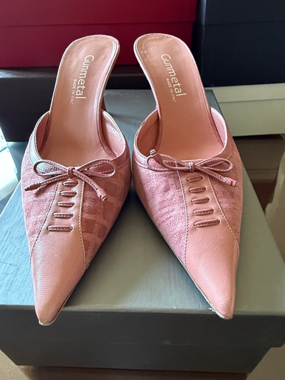 GUNMETAL Pink Dusty Rose Pointed Mule with Kitten Heels with Bow Size 9 EU 39